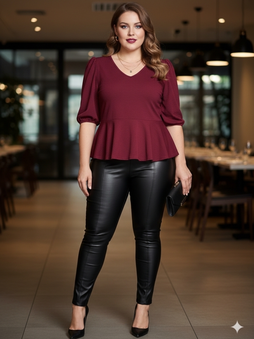 💃Ashley Stewart V-Neck Peplum Top in Wine
